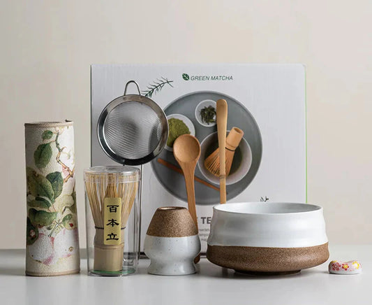 Matcha Set 8-Piece Sakura Design Ceramic Bowl Bamboo Whisk Frother-1