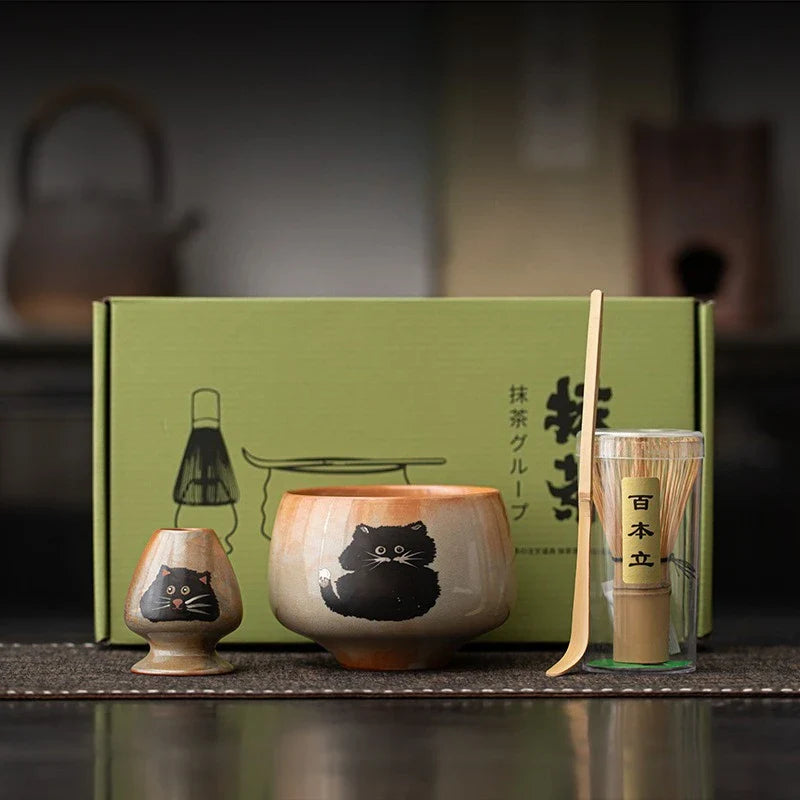 Matcha Tea Set Cat Design 4 Pieces Bamboo Whisk Ceramic Bowl-2