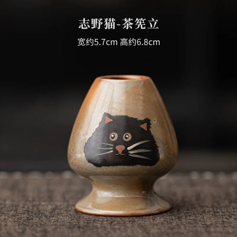 Matcha Tea Set Cat Design 4 Pieces Bamboo Whisk Ceramic Bowl-6