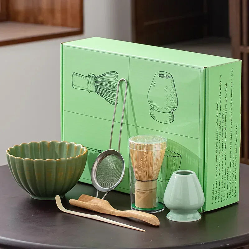 Japanese Matcha Bowl Set Green Standard Ceramic with Whisk and Scoop-3