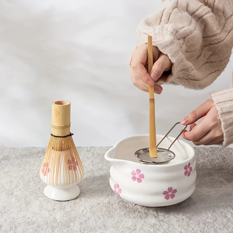 Matcha Set 5-Piece Cherry Blossom Ceramic Standard Size with Whisk for Authentic Tea Preparation-2