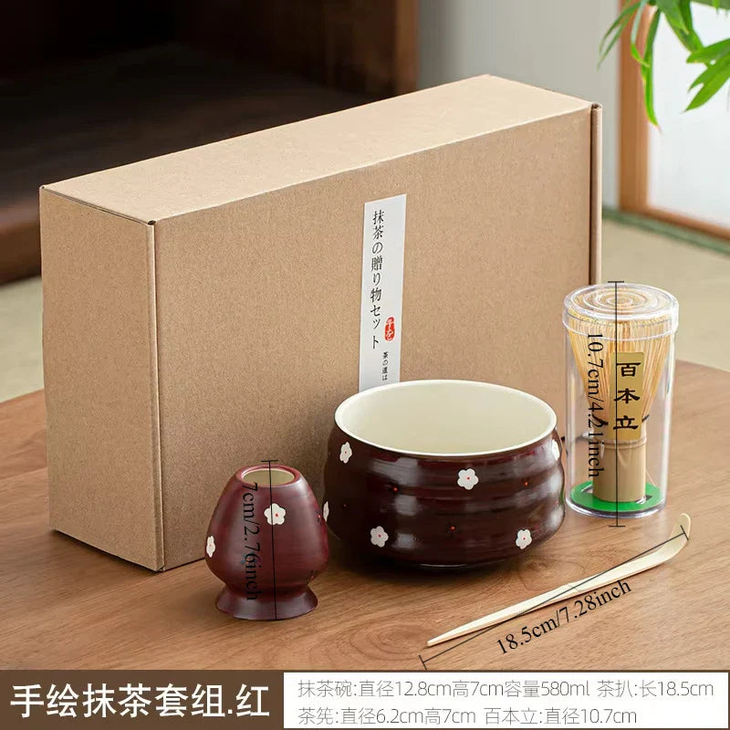 Variant image for Ceramic Matcha Teaware Set Dark Red Standard Size Ceramic with Cherry Blossom Design-2