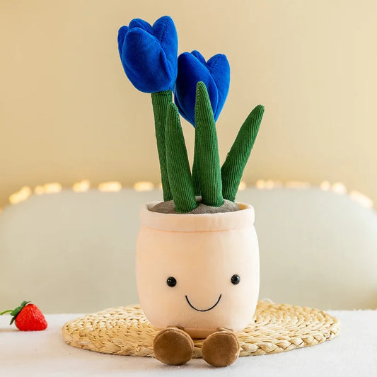 Playful flowerpot cuddly toy with tulips for a cozy home