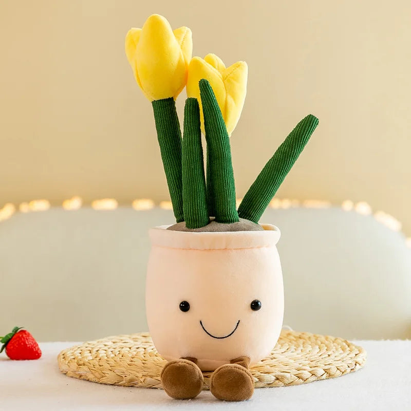 Playful flowerpot cuddly toy with tulips for a cozy home