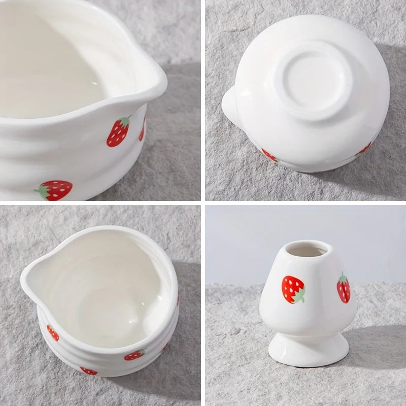 Japanese Matcha Bowl Set Strawberry Design Size One High-Quality Ceramic-4