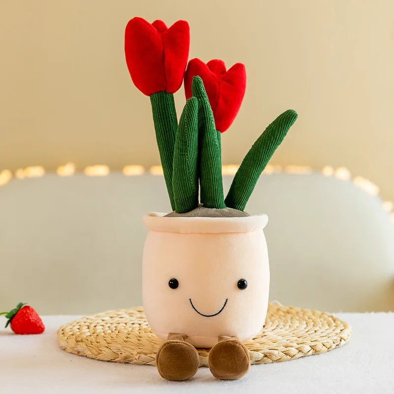 Playful flowerpot cuddly toy with tulips for a cozy home