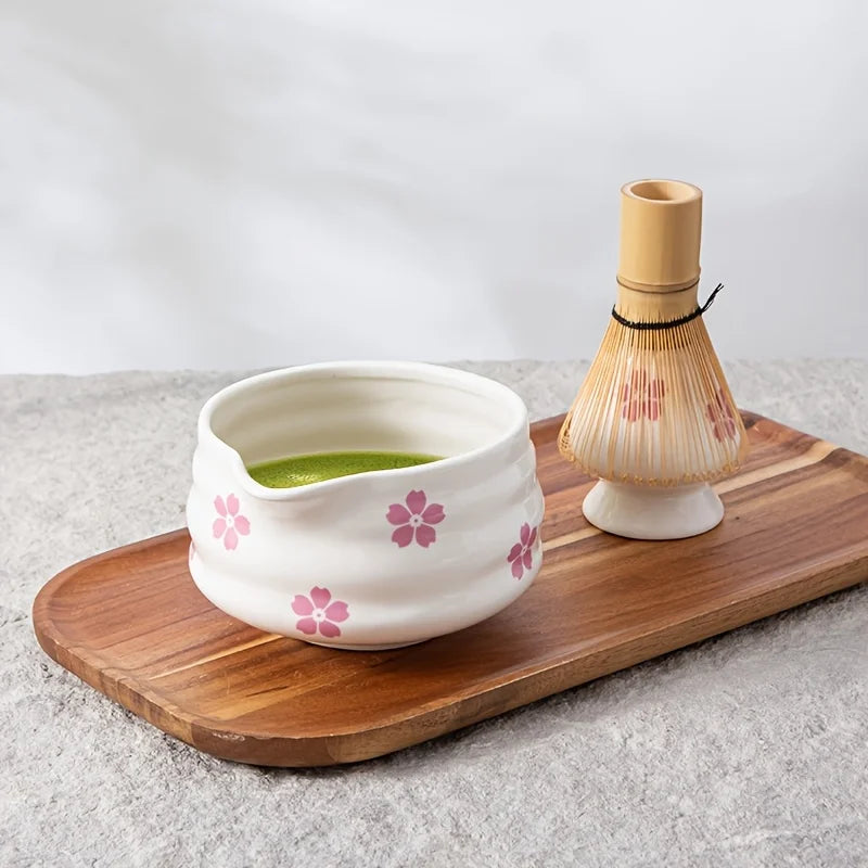 Matcha Set 5-Piece Cherry Blossom Ceramic Standard Size with Whisk for Authentic Tea Preparation-4