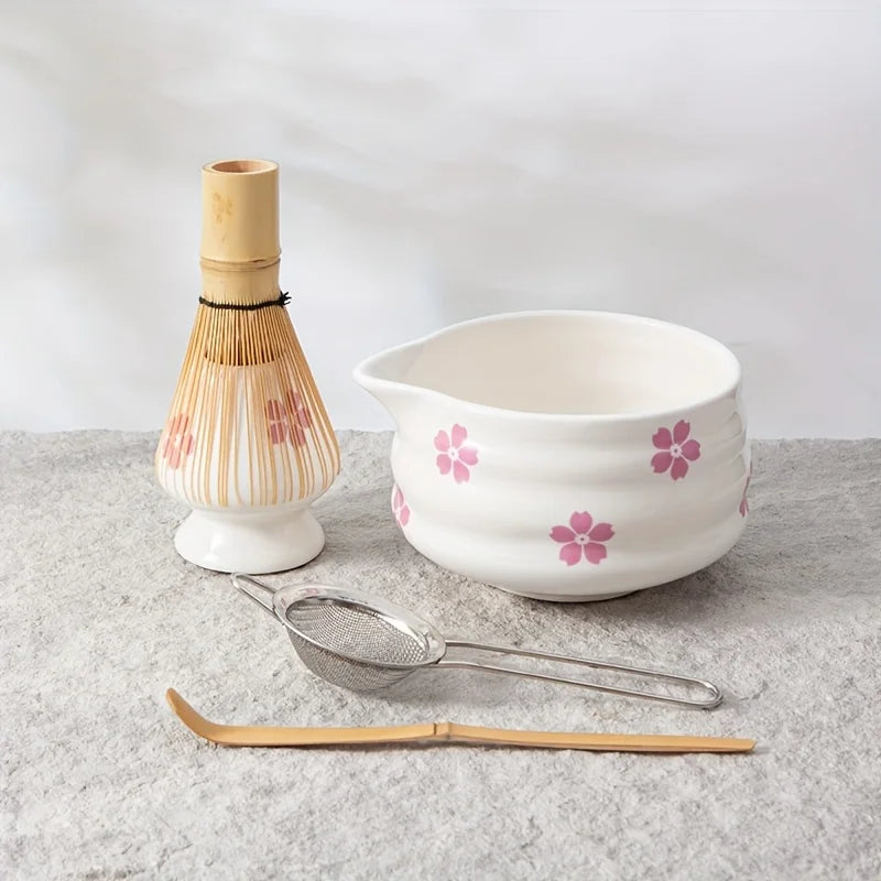 Matcha Set 5-Piece Cherry Blossom Ceramic Standard Size with Whisk for Authentic Tea Preparation-1