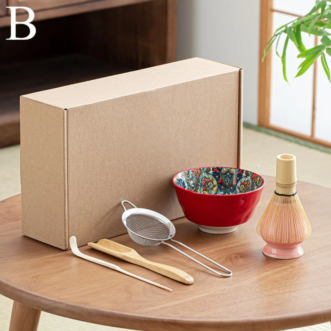 Matcha Tea Set 6-Piece Green Ceramic and Bamboo Standard Size-1