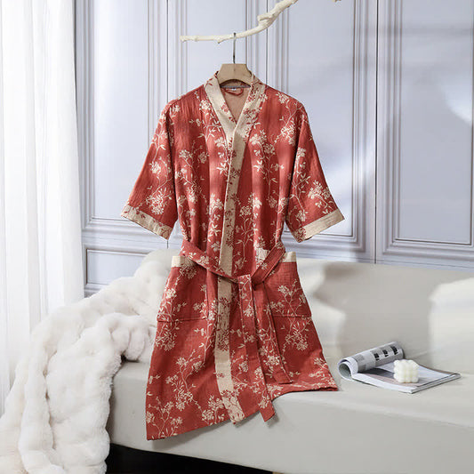 Vintage Floral Kimono Bathrobe - Soft Cotton Gauze, Relaxed Fit