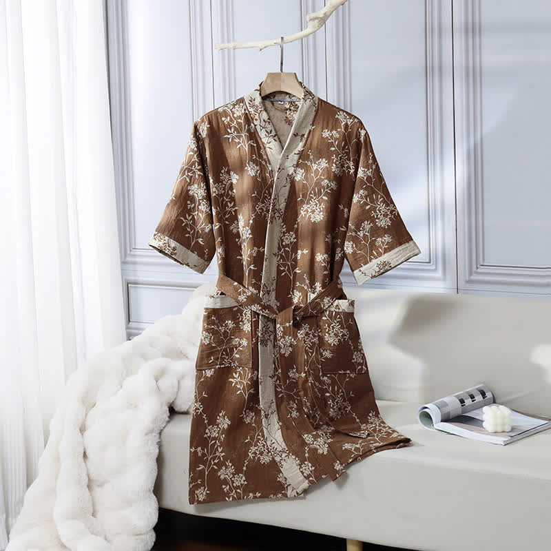 Vintage Floral Kimono Bathrobe - Soft Cotton Gauze, Relaxed Fit