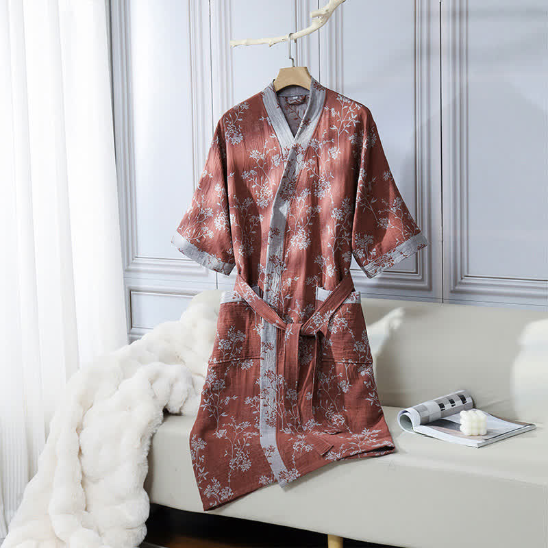 Vintage Floral Kimono Bathrobe - Soft Cotton Gauze, Relaxed Fit