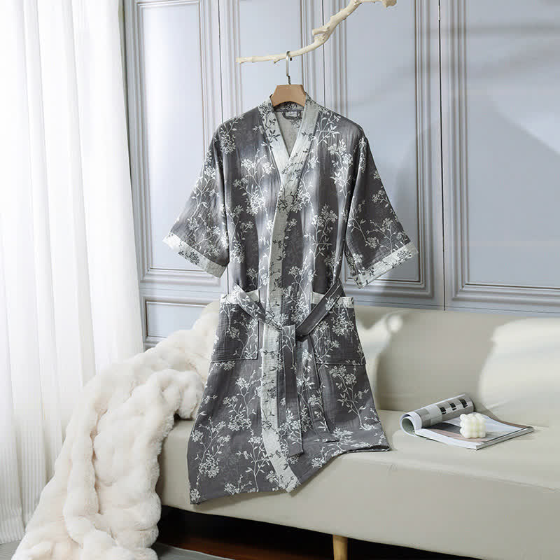 Vintage Floral Kimono Bathrobe - Soft Cotton Gauze, Relaxed Fit