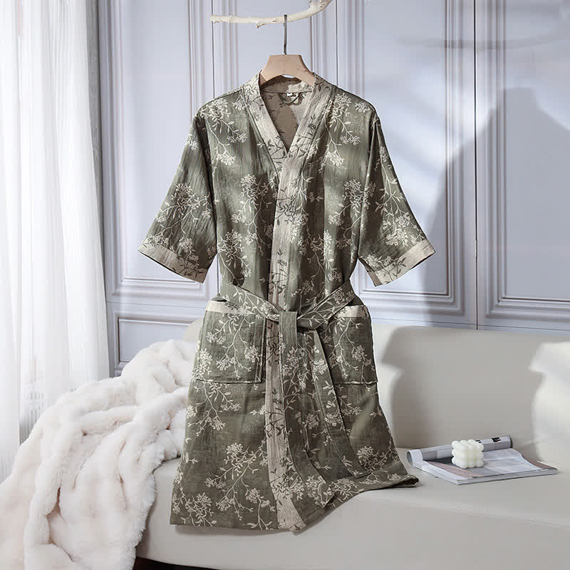 Vintage Floral Kimono Bathrobe - Soft Cotton Gauze, Relaxed Fit