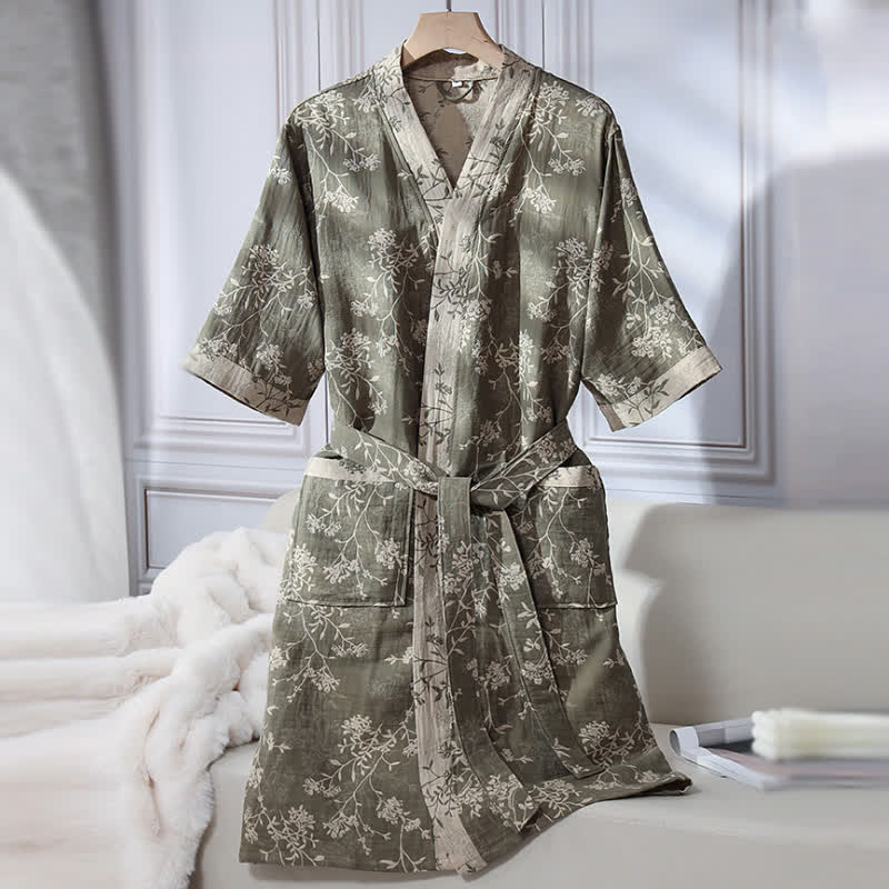 Vintage Floral Kimono Bathrobe - Soft Cotton Gauze, Relaxed Fit