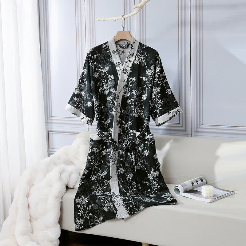 Vintage Floral Kimono Bathrobe - Soft Cotton Gauze, Relaxed Fit