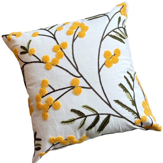 Yellow Bloom Leaf Embroidery Cushion Cover – Soft Microfiber Blend with Hidden Zipper, Machine Washable, 18x18 and 12x20 Compatible 1