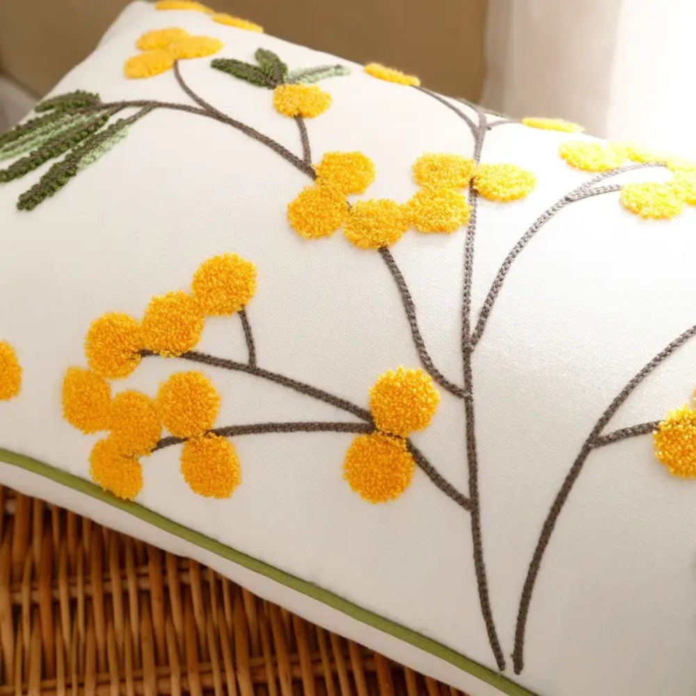 Yellow Bloom Leaf Embroidery Cushion Cover – Soft Microfiber Blend with Hidden Zipper, Machine Washable, 18x18 and 12x20 Compatible 4