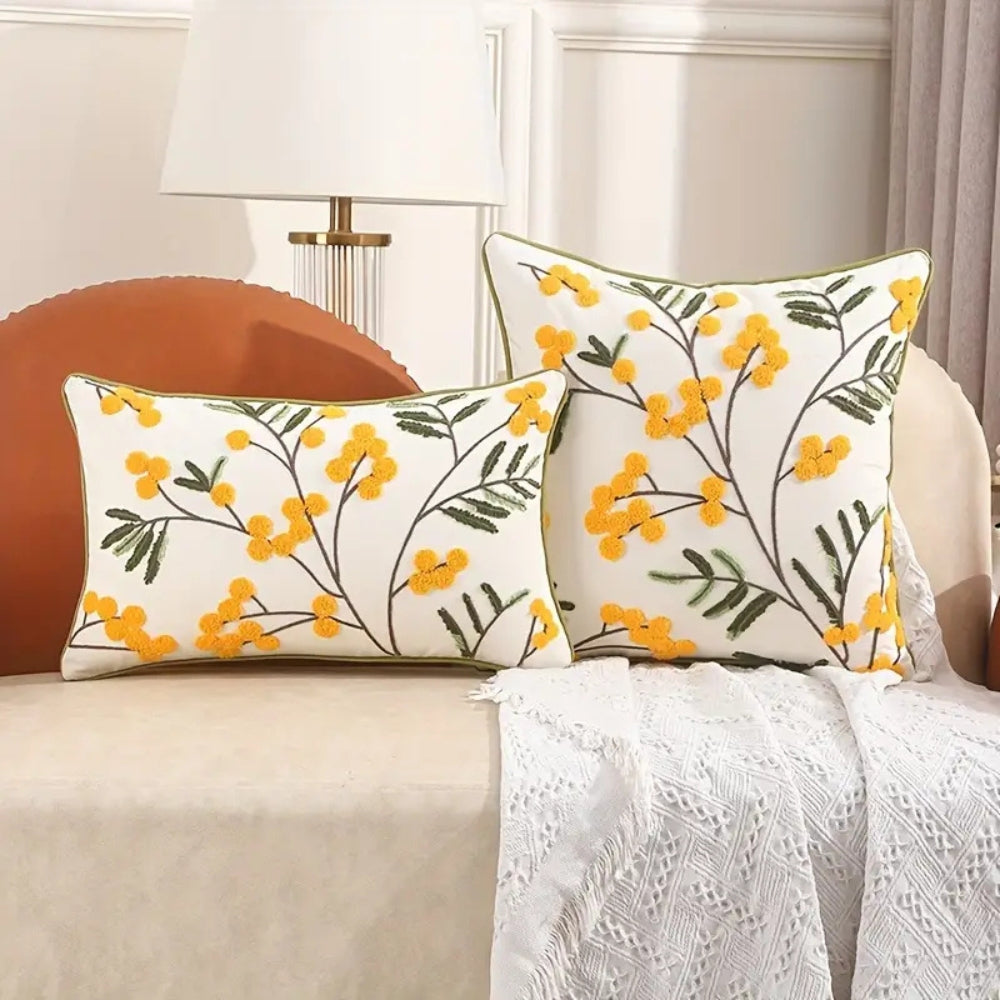 Yellow Bloom Leaf Embroidery Cushion Cover – Soft Microfiber Blend with Hidden Zipper, Machine Washable, 18x18 and 12x20 Compatible 2