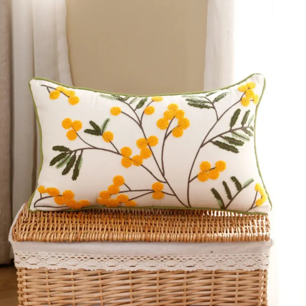 Yellow Bloom Leaf Embroidery Cushion Cover – Soft Microfiber Blend with Hidden Zipper, Machine Washable, 18x18 and 12x20 Compatible 3