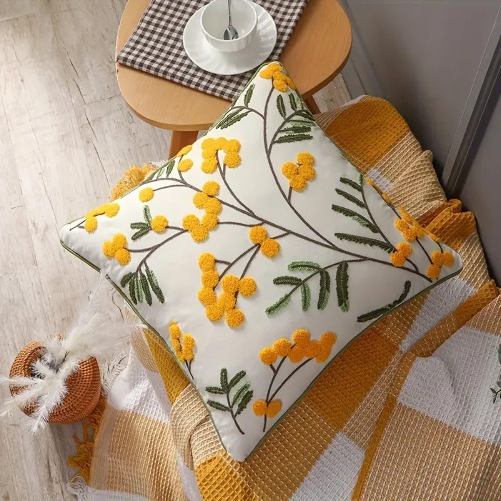 Yellow Bloom Leaf Embroidery Cushion Cover – Soft Microfiber Blend with Hidden Zipper, Machine Washable, 18x18 and 12x20 Compatible 5