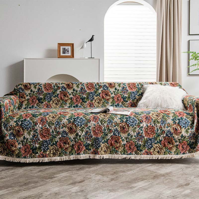 Country Rose Print with Fringes – Sofa Protector for Stylish Living Spaces