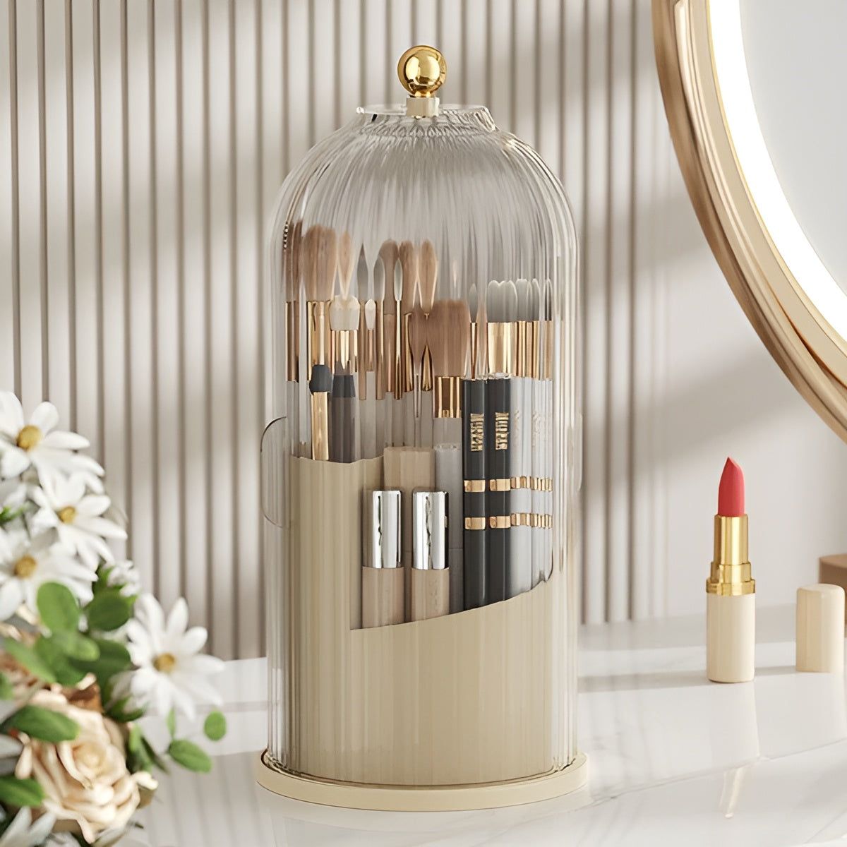 360° Rotatable Makeup Brush Organizer with Multiple Compartments - Stylish Vanity and Cosmetic Organizer for Efficient Storage-3