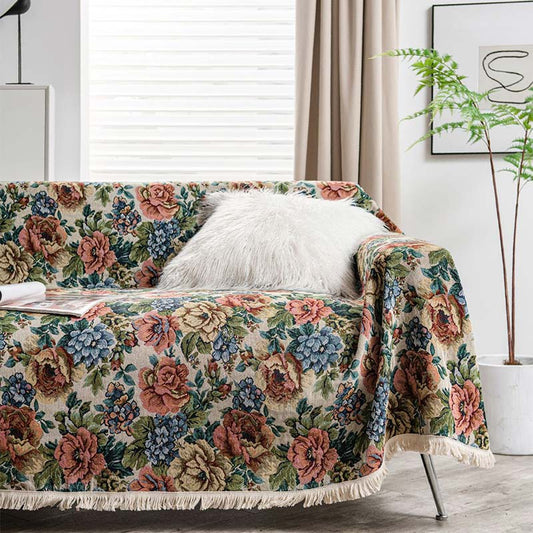 Country Rose Print with Fringes – Sofa Protector for Stylish Living Spaces