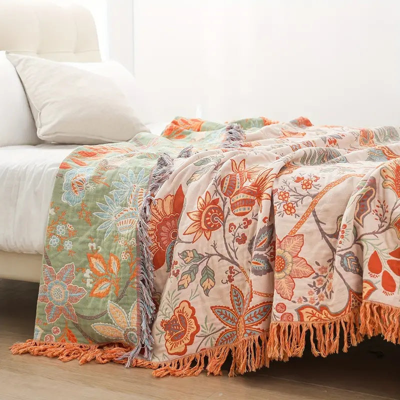 Boho Floral Cotton Throw Blanket – Soft Cream with Orange and Blue Flowers, Machine Washable, Versatile Home Decor 1