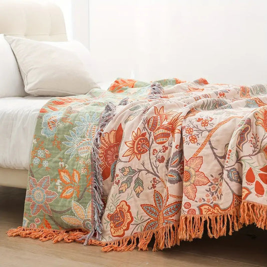 Boho Floral Cotton Throw Blanket – Soft Cream with Orange and Blue Flowers, Machine Washable, Versatile Home Decor 1