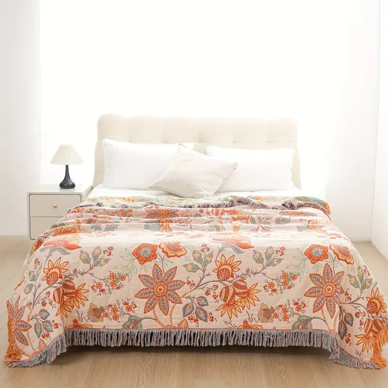 Boho Floral Cotton Throw Blanket – Soft Cream with Orange and Blue Flowers, Machine Washable, Versatile Home Decor 2