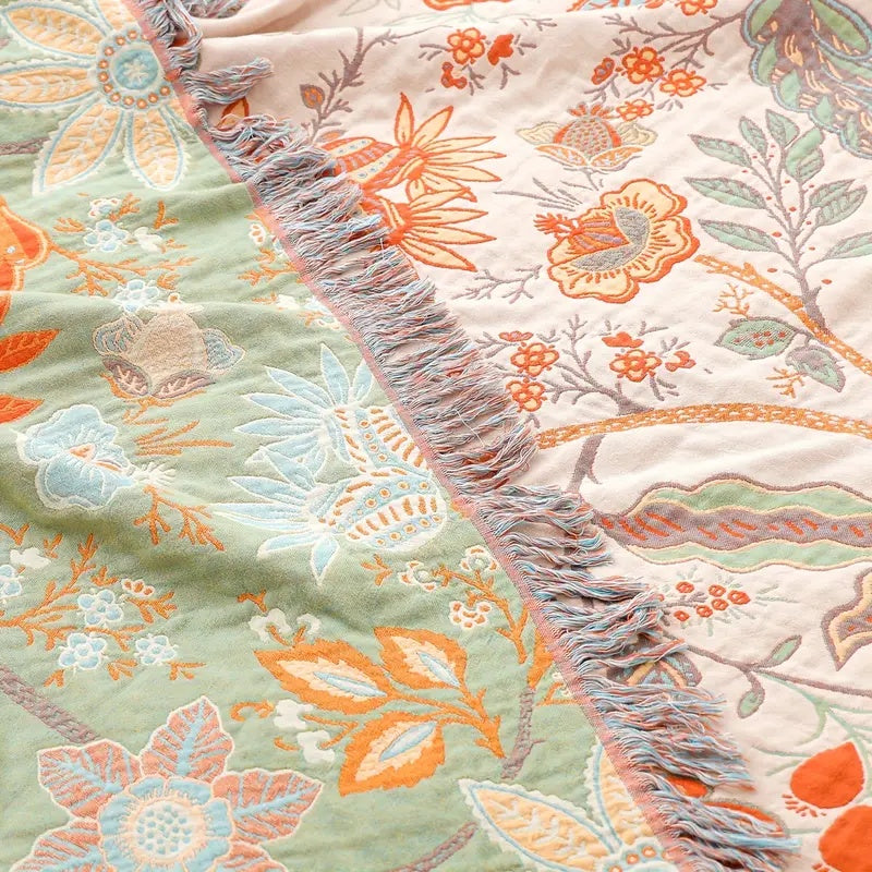 Boho Floral Cotton Throw Blanket – Soft Cream with Orange and Blue Flowers, Machine Washable, Versatile Home Decor 3