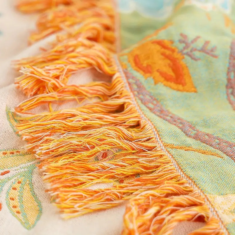 Boho Floral Cotton Throw Blanket – Soft Cream with Orange and Blue Flowers, Machine Washable, Versatile Home Decor 4