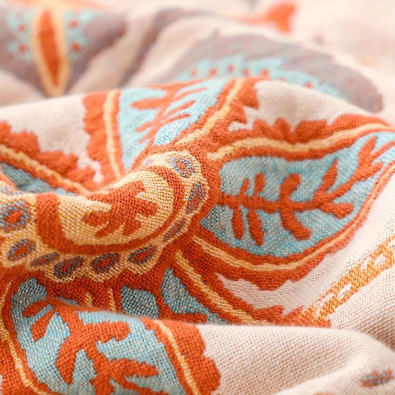Boho Floral Cotton Throw Blanket – Soft Cream with Orange and Blue Flowers, Machine Washable, Versatile Home Decor 5