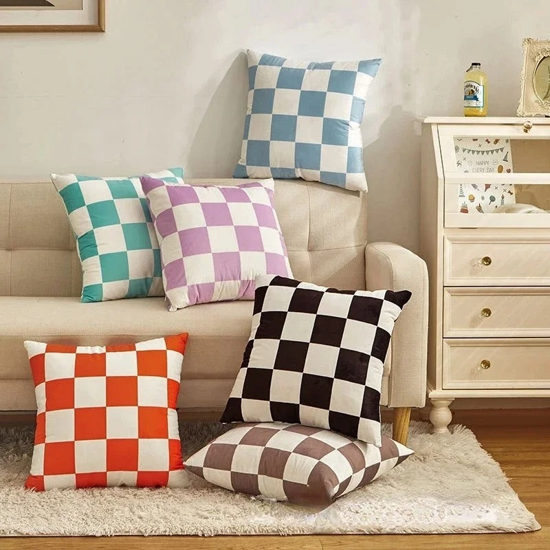 Retro decorative cushion with check pattern