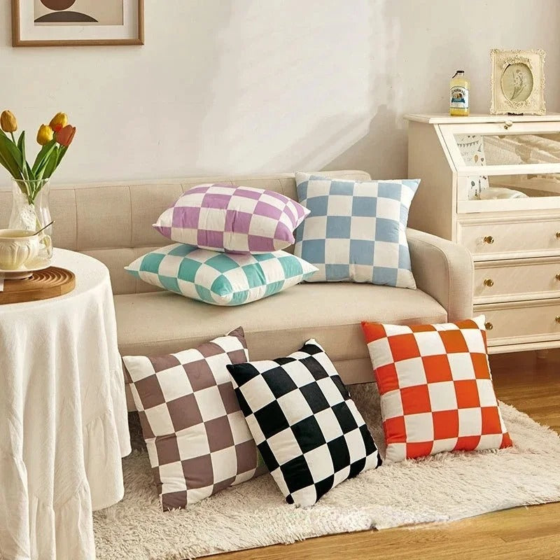 Retro decorative cushion with check pattern